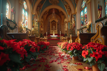 A beautifully decorated church interior featuring red flowers and festive ornaments during the Christmas holiday seasonの素材