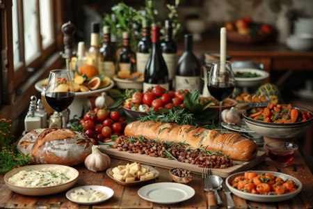 A rustic banquet featuring assorted wines, fresh produce, and homemade bread in a cozy setting during an autumn gatheringの素材