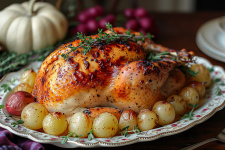 A beautifully roasted turkey surrounded by golden onions and herbs garnishing the festive dining table, ready for a holiday celebrationの素材
