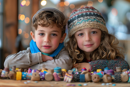 Two children with curly hair sit at a wooden table surrounded by colorful handmade crafts during a cozy winter afternoonの素材
