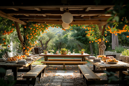 An inviting outdoor dining area adorned with orange trees, perfect for a summer gathering in a serene garden settingの素材