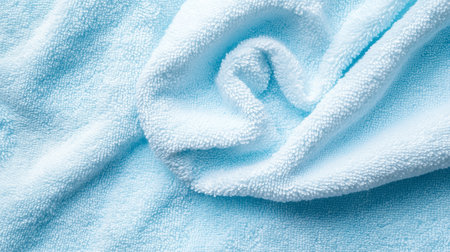 Soft blue towel neatly arranged on a light background, showcasing its texture and color with gentle folds and curvesの素材
