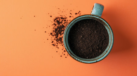 A turquoise cup spills coffee grounds on an orange background, creating a contrast of vibrant colors and textures in a kitchen settingの素材