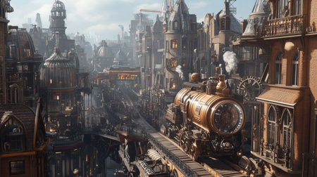 A steam locomotive travels through a bustling Victorian city filled with intricate buildings and lively streets during the golden hourの素材