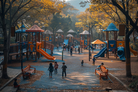 Colorful playground filled with children playing on slides and swings surrounded by trees in autumn during late afternoonの素材