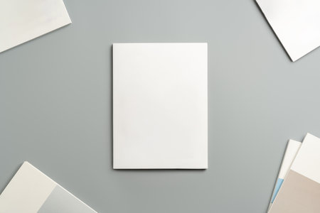 Empty White Sheet of Paper Positioned at an Angle on Light Gray Surfaceの写真素材