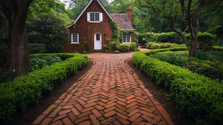 Quaint brick pathway leading to a charming cottage surrounded by lush greenery in a serene garden settingの素材