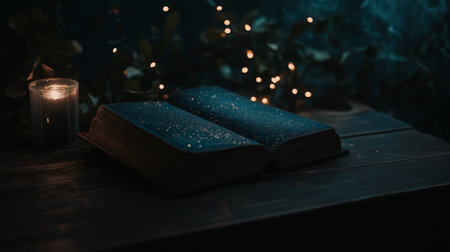 An open, sparkling book lies on a rustic table surrounded by soft candlelight and gentle, glowing fairy lights at nightの素材