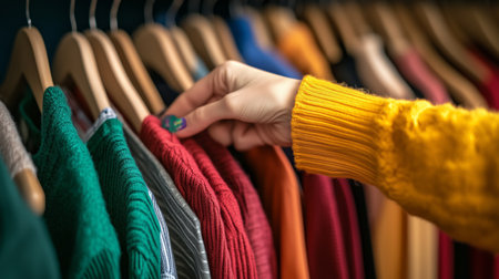 A person chooses a colorful sweater from a neatly organized clothing rack in a boutique during a sunny afternoonの素材