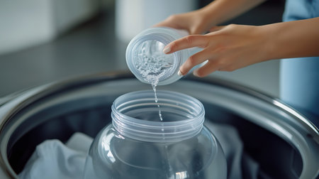 Pouring water into a large container for laundry washing on a sunny morning in a modern homeの素材
