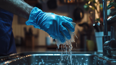 A person wearing blue gloves cleans a bowl in a sink at home during the evening, with water splashing and reflections visibleの素材