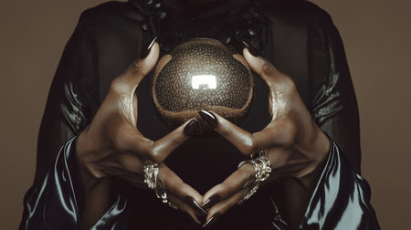 A person holding a crystal ball in a dark, elegant setting enhancing the mysterious atmosphere with intricate jewelry and accessoriesの素材