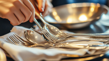 Setting the table with elegant silverware and polished bowls in a cozy dining area for a special gatheringの素材