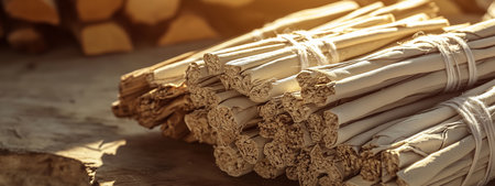 Bundles of dried herbs tied with twine resting on a wooden surface in warm afternoon lightの素材
