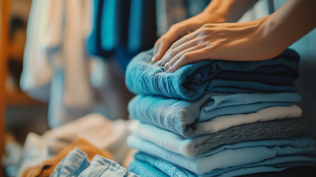 A person folding freshly laundered clothes in a cozy room during the late afternoon hours, creating an organized and tidy spaceの素材