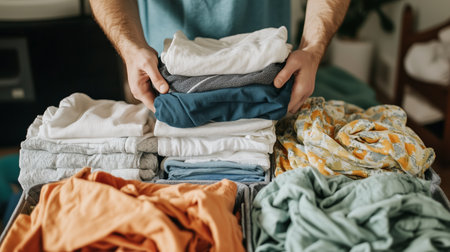 A person arranges freshly laundered clothes neatly into stacks on a table during a bright afternoon indoorsの素材