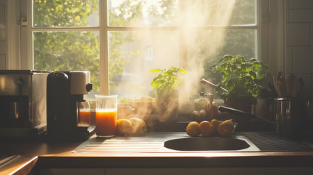 A sunlit kitchen with steam rising from a sink, fresh herbs by the window, and a glass of juice on the counter in the morningの素材