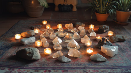Arranged crystals and candles on a colorful rug inside a serene room during the evening, creating a calming atmosphereの素材