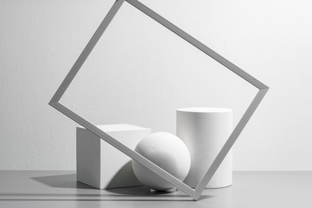 Abstract composition featuring three white geometric shapes in a minimalist interior settingの写真素材
