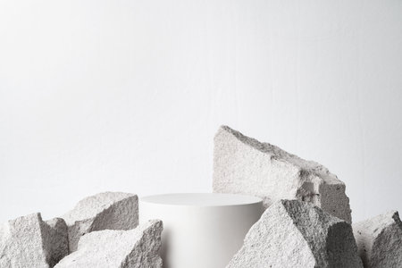 A minimalistic display featuring a smooth white cylinder surrounded by rough gray stone fragmentsの写真素材