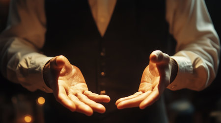 A magician showcases an engaging hand illusion in a dimly lit performance setting, captivating the audience with his skillful movementsの素材