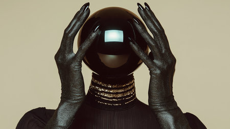 An abstract figure in black gloves and a spherical headpiece poses against a neutral backdrop, emphasizing form and creativityの素材