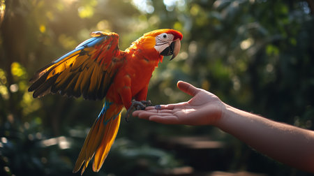 A bright scarlet macaw perched on a hand in a lush tropical forest during golden hourの素材