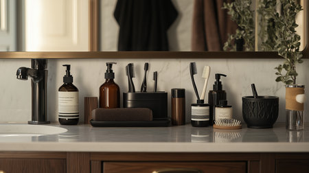 Elegant bathroom countertop arrangement featuring natural skincare and grooming products in a modern designの素材