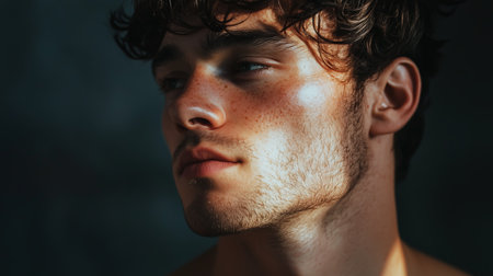 A young man with tousled hair and a contemplative expression illuminated by soft light in a dimly lit spaceの素材