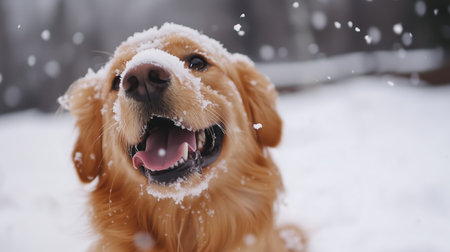 Golden retriever playing joyfully in the snow on a winter day, showcasing its love for the outdoors and snowy weatherの素材