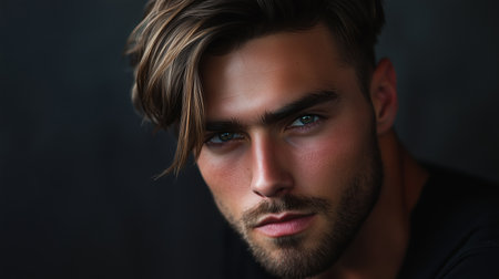 Young man with striking features poses under soft lighting in an artistic close-up portrait, highlighting his intense gaze and styled hairの素材
