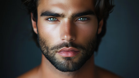 A striking young man with intense green eyes and a rugged beard poses confidently against a dark background, highlighting his chiseled featuresの素材