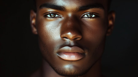 Close-up of a young man with striking features showcasing natural beauty and expressive eyes against a dark background in soft lightingの素材