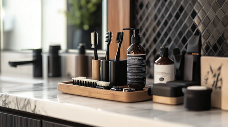 A minimalist bathroom countertop display featuring grooming essentials arranged neatly during the morning hoursの素材