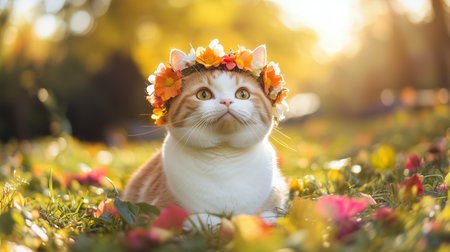 A serene cat adorned with a flower crown sits gracefully among colorful autumn leaves in a sunlit parkの素材