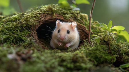 A small hamster peeks from its moss-covered burrow in a lush forest during the daylight, showcasing its curious natureの素材