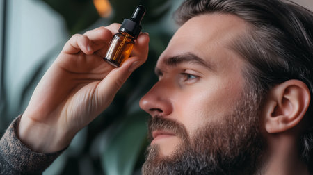 Man applying essential oil from a dropper bottle while sitting by a window surrounded by plants in natural lightの素材