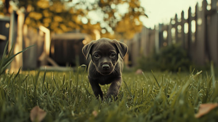 A playful puppy explores a backyard during a sunny afternoon in early autumnの素材