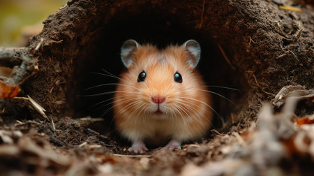 A curious golden hamster peeks from its burrow surrounded by autumn leaves in a vibrant forest environmentの素材