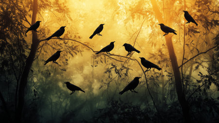 Silhouettes of birds perched on branches against a golden forest backdrop during twilight hoursの素材