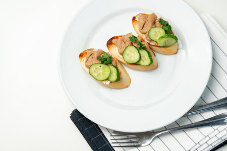 Savory canapes topped with creamy spread and cucumber slices served on toasted bread at a casual gatheringの写真素材