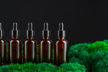 Dark glass bottles arranged in row on green moss against a black backgroundの写真素材