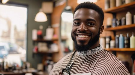 Smiling barber in a cozy salon showcases a stylish haircut on a sunny dayの素材
