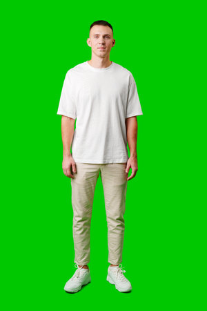 Young Man With Short Hair Smiling Against a Bright Green Backgroundの写真素材