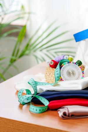 Crafting supplies arranged on a wooden table with colorful threads, measuring tape, and fabric in a...
