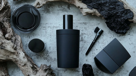 Elegant black cosmetic packaging arranged on a textured surface surrounded by natural elementsの素材