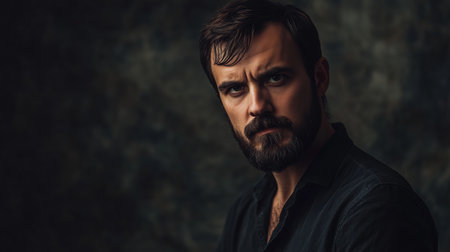 A strong, serious man with a beard poses confidently against a textured dark background in a dramatic portrait settingの素材