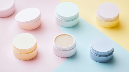 Brightly colored cosmetic containers arranged on a pastel backdrop, showcasing a variety of skincare products in a creative layoutの素材