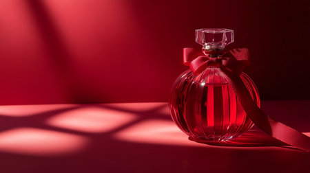 Elegant red perfume bottle with ribbon on a red background highlighting its shape and reflections in soft lightの素材