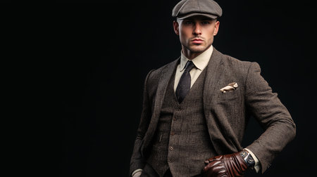 Elegant man in vintage attire poses confidently against a dark backdrop in a stylish urban setting during the eveningの素材